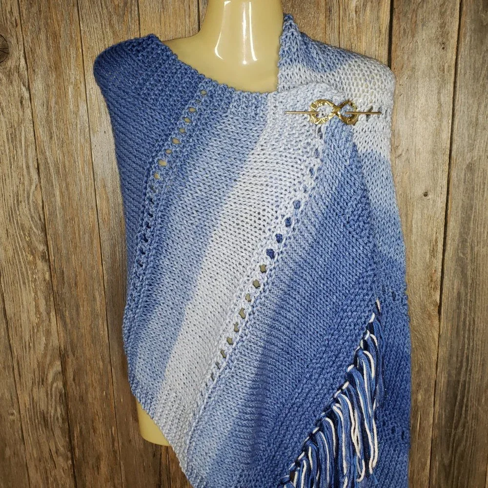 NEW Blue‎ Ombre Knit Shawl Wrap Eyelet Scarf Boho Hippie Coastal Cottage Indie